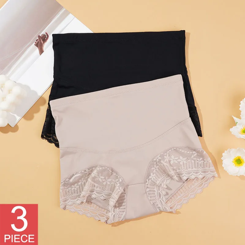 

3PCS/SET Ice Silk Panties Women's High Waist Shaping Postpartum Lace Shorts Flat Belly Lift Hip Tummy Control Underpants Shaper