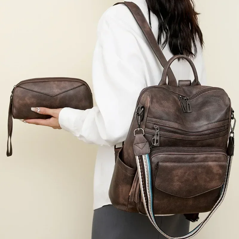 Leather Travel Fashion Purse Designer Ladies Shoulder Bags Backpack for Women Large Womens Backpack with Tassel Two-toned Brown 4