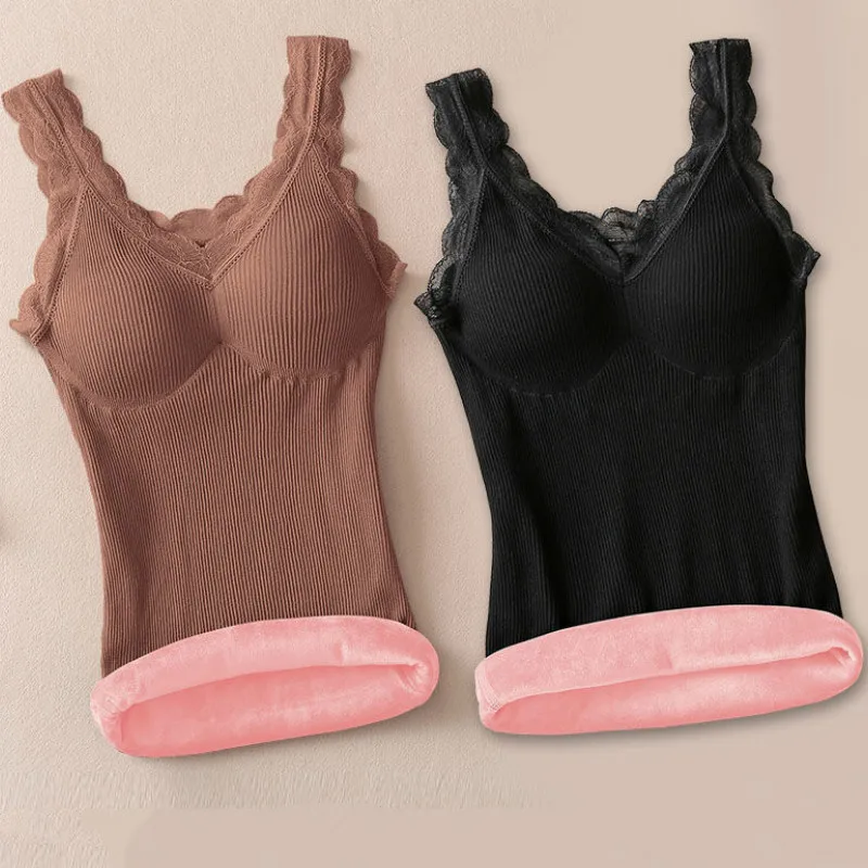 

New Winter Warm Lace Top Vest Women's Lace Slim Plush Velvet Top Thick XXL Size Women Thermal Vest Lace Fleece Tank Tops