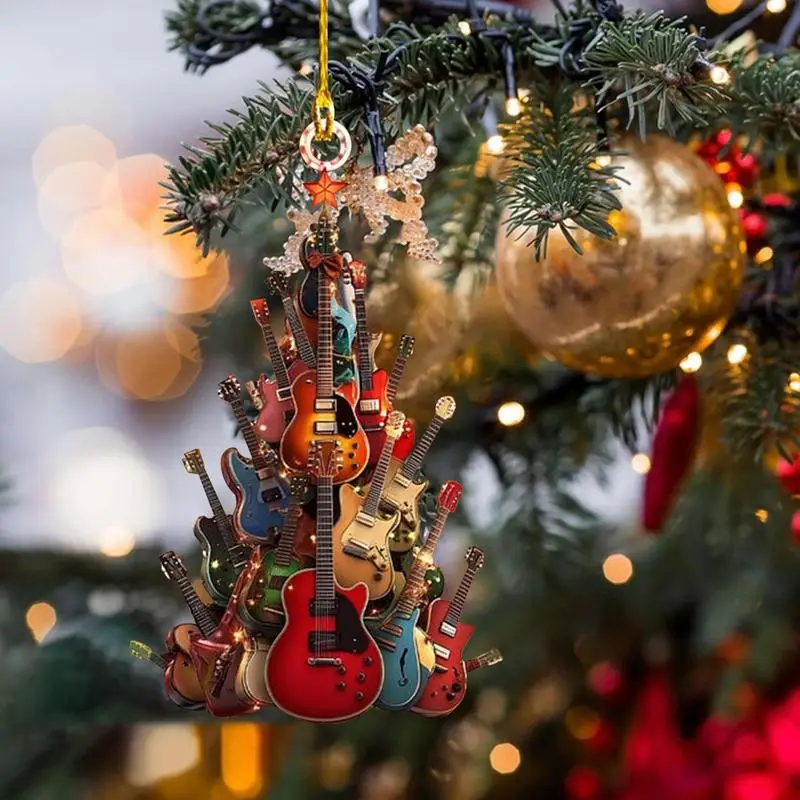 Rock Guitar Christmas Tree Shaped Decor Pendant 2D Flat Acrylic Guitar Xmas Tree Bag Car Pendant For Lovers
