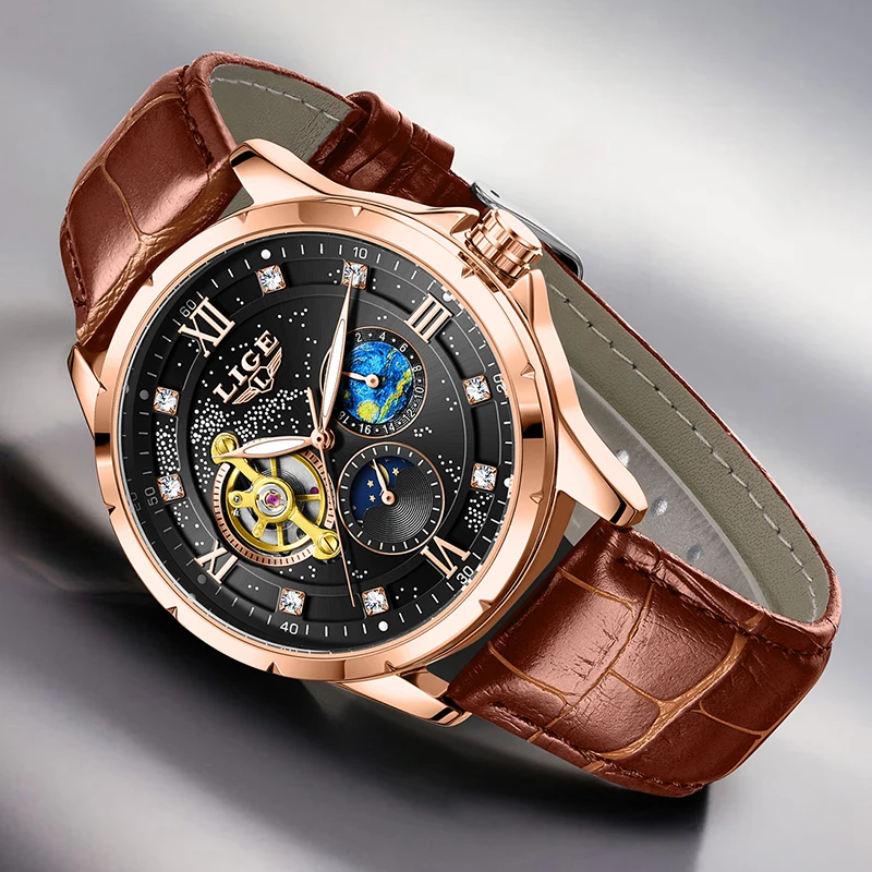 LIGE New Men Watch Fashion Brown Leather Automatic Mechanical Wrist Watches For Men Waterproof Luminous Watch Men Montre Homme