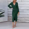 Wrap V Neck Long Sleeve Sweater Dresses For Women Autumn Winter Elegant Commute Tie Waist Bodycon Knit Midi Dress Party Vestidos 3