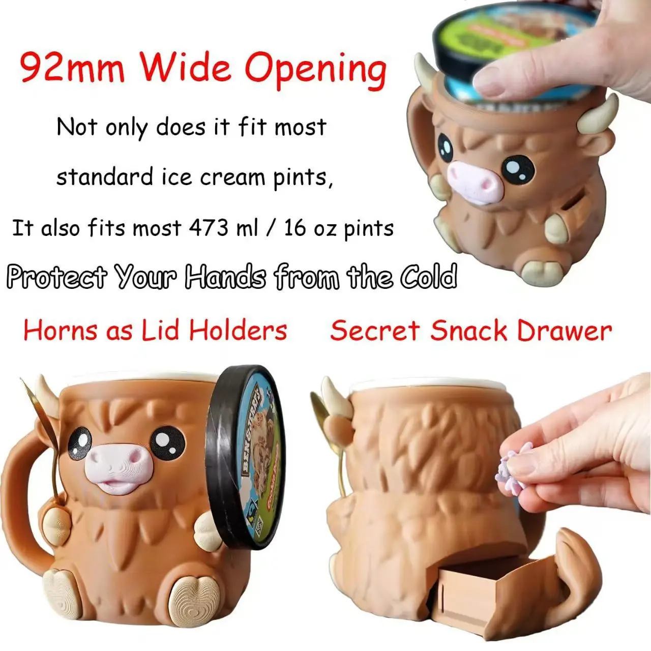 Reusable Highland Cow Ice Pint Holder Snack Drawer Handle 3D Printed Ice Cream Pint Containers Beer Can Sleeves Ideal Gifts