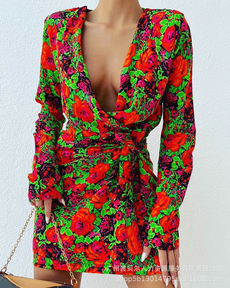 

Women Dress New Flower Print Long Sleeve Deep V Strap Fashion Mini Short High Waist Sexy Temperament Spring And Summer