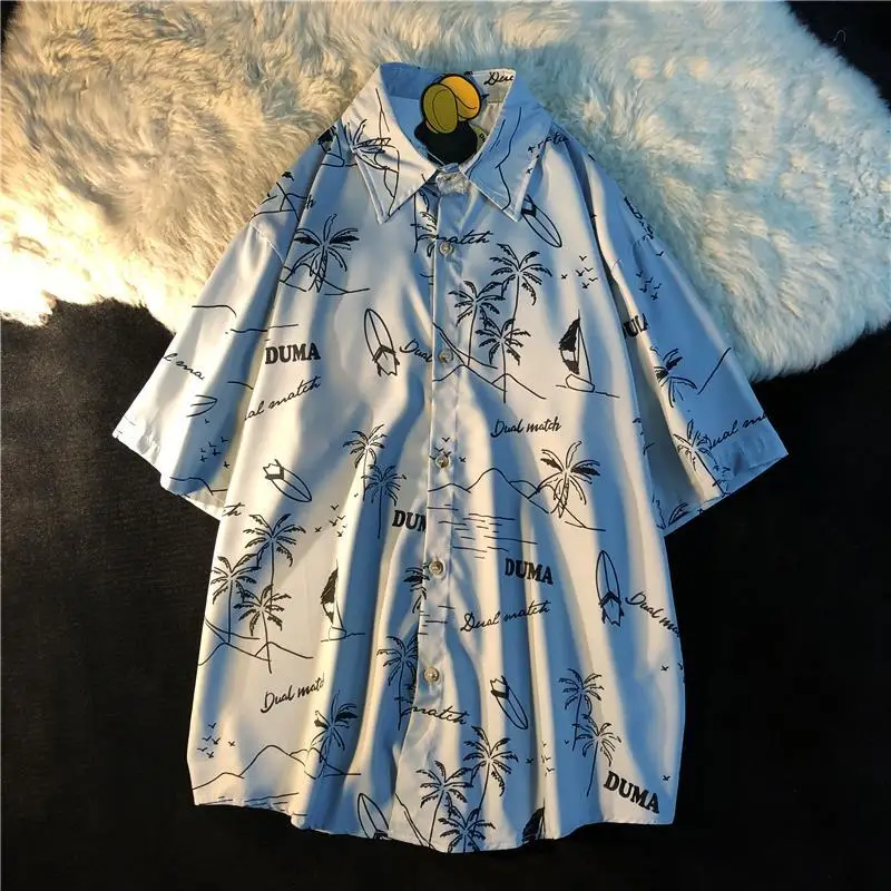 

Beach Coconut Tree Print Hawaiian Shirt Women Blouse Men Thailand Vacation Shirts Teens Summer Streetwear Korean Button Up Shirt
