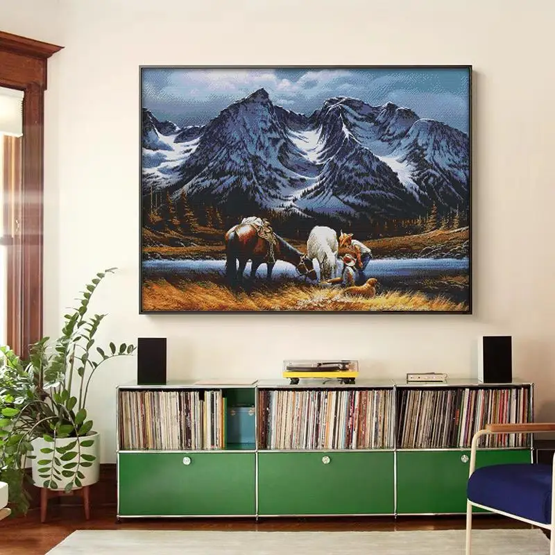 Horses Under the Snowy Mountains Landscape Patterns Cross Stitch Kit Aida 14CT 16CT 11CT Canvas Printed Fabric Embroidery Kits