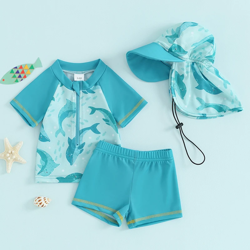0-5T Baby Kids Boys Rash Guard Set Short Sleeve Shark Dolphin Print Top with Shorts Hat Swimsuit Summer Swimwear Boys Swimwear