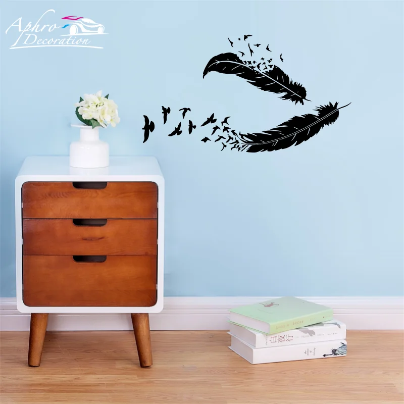Makeyes Feather Birds Wall Stickers Home Living Room Modern Decor Vinyl Wall Decal Flying Feather Wall Art Nature Decoration