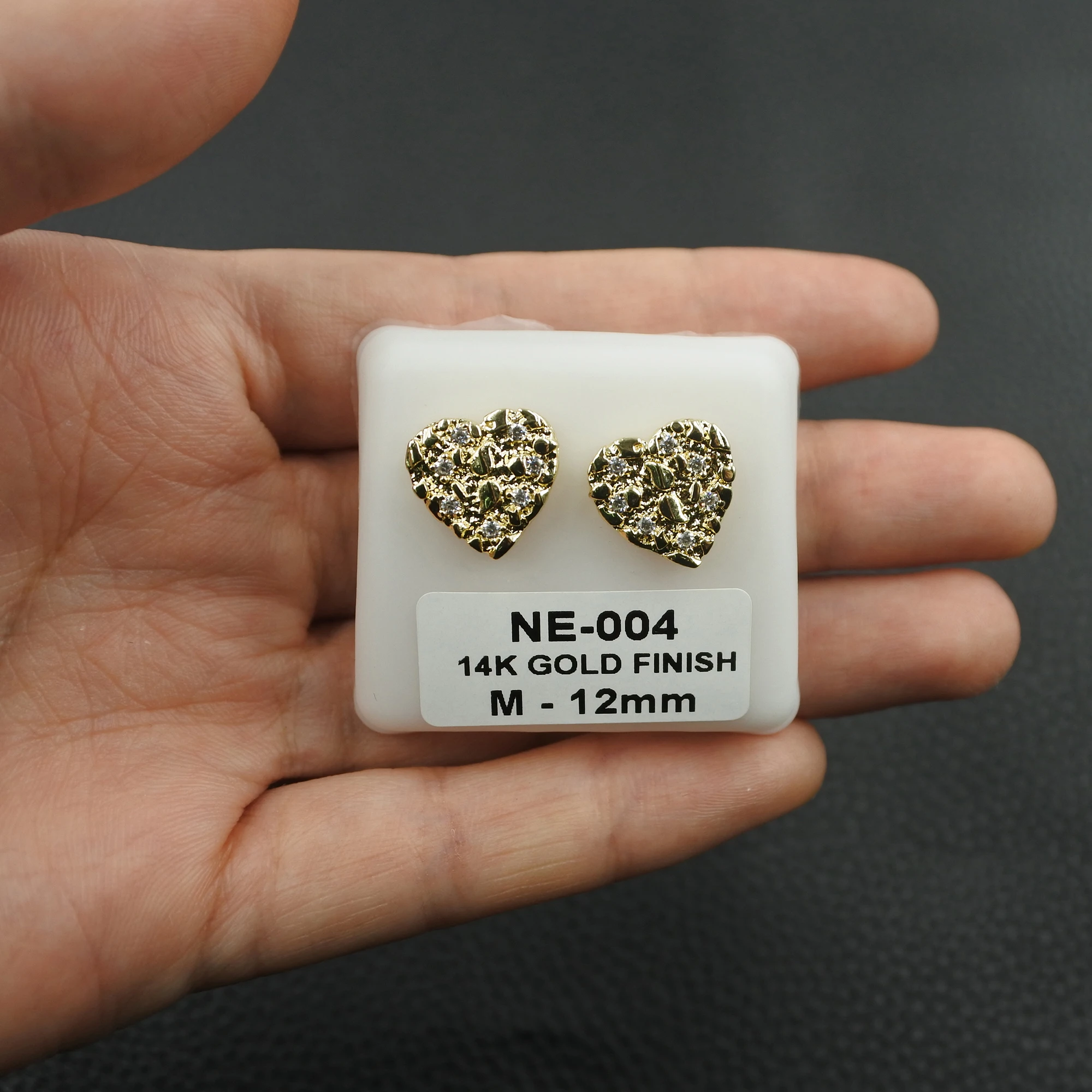 14K Gold Plated Hip Hop Nugget Stud Earrings 8mm-12mm AAA CZ Cubic Zirconia Heart Shape Fashion Jewelry for Men And Women Rock 6
