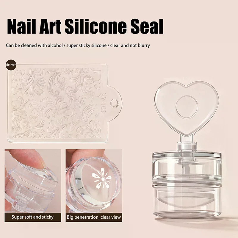 Transparent Jelly Silicone Nail Stamper Set - Heart Flower Shaped Head + Scraper, French Nail Printing Tool for DIY Manicure