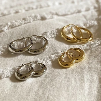 Vintage Golden Color Chunky Round Circle Hoop Earrings for Women Statement Large Ear Buckle Thick Hoops Stainless Steel Jewelry