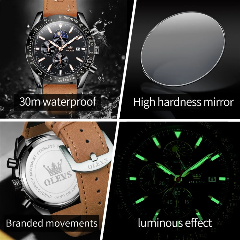 OLEVS Men Watches Quartz Watch Leather Sport Waterproof Wristwatch Chronograph Moon Phases Quality Men's Watch Reloj Hombre