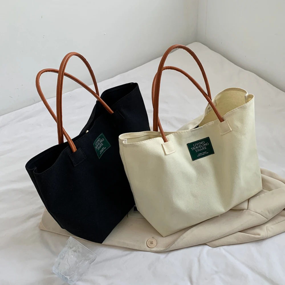 

Women Canvas Shoulder Bag Solid Color Designer Ladies Casual Handbag Tote Bags Reusable Large Capacity Shopping Travel Beach Bag