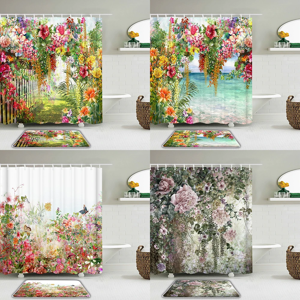 

2pcs/Set Flower Bird Plant Leaves Shower Curtains Set Bathroom Curtain Waterproof Cloth + Bathroom Decor Non-slip Mat Toilet Mat