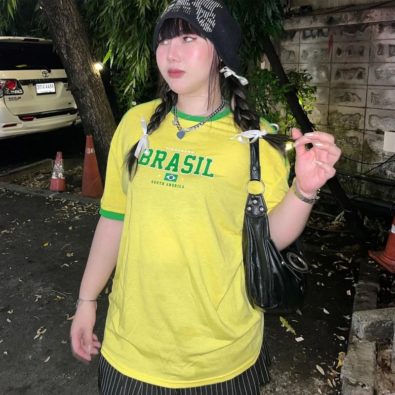 Europe and the United States loose letters yellow green top Y2K women's summer T-shirt sexy clothing street
