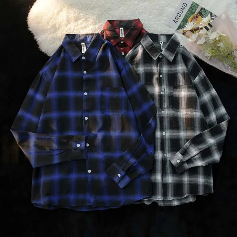 

2023 Men Casual Shirts Plaid Single Breasted Long Sleeve Loose Korean Chic Fashion Oversize All-match Thin Outwear Blouse P90
