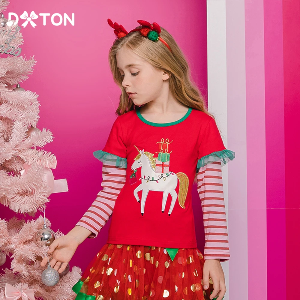 

DXTON Winter Girls Tops Long Sleeve Toddlers T-shirts Striped Kids Tees Cartoon Xmas Casual Cotton Clothing New Year Gift 3-12Y