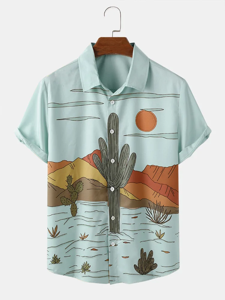 CharmkpR Men\'s Hot Sale Tops Cactus Desert Landscape Printing Blouse Casual Streetwear Button Up Short Sleeve Shirts S-2XL 2023