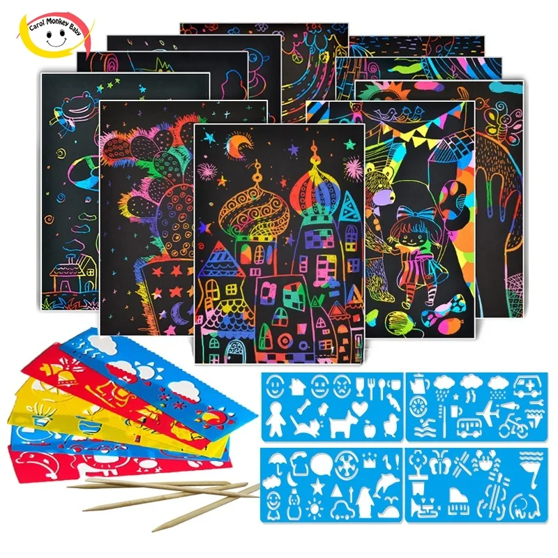 Scratch Art Paper 50 Sheets Magic Doodle Pad Kids Black Coated Art Painting Paper cuitan Art Painting Set for Children 