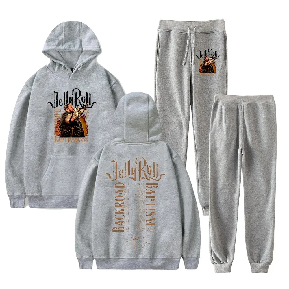 Jelly Roll Backroad Baptism Tour Hoodie e Calças Jogger para homens e mulheres, moletons e moletons, roupas Hip Hop, 2 peças,