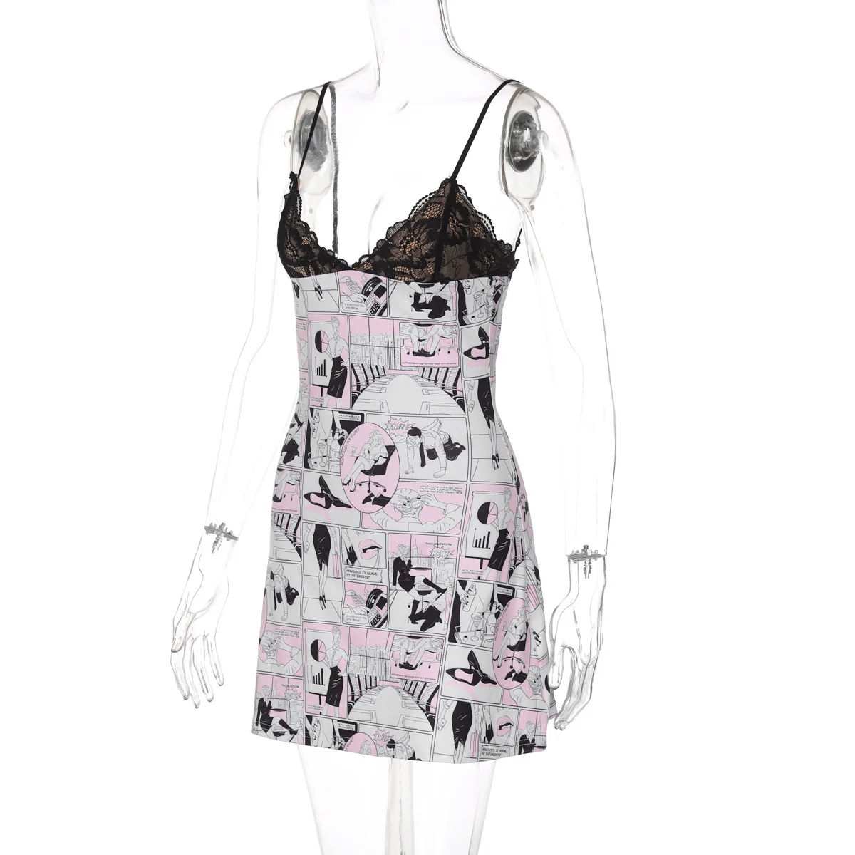 Lace Printed Fashion Halter Dresses Women's Sexy V-Neck Backless Contrast Spaghetti Night Club Clothes Female Mini Dress