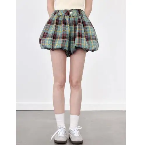 2024 Summer New Sweet Street Style Flower Bud High Waist Checkered Shorts
