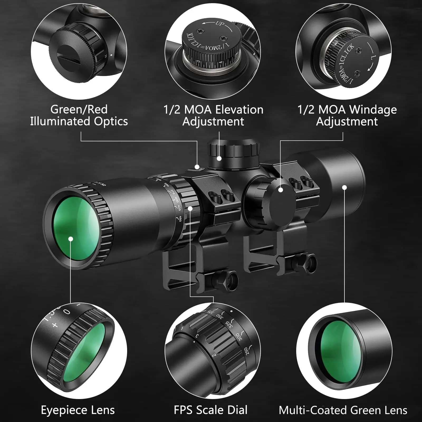 MidTen 1.5-5x32 Crossbow Scope 20-100 Yards Ballistic Reticle 300-450 FPS Red Green Illuminated Optic Hunting