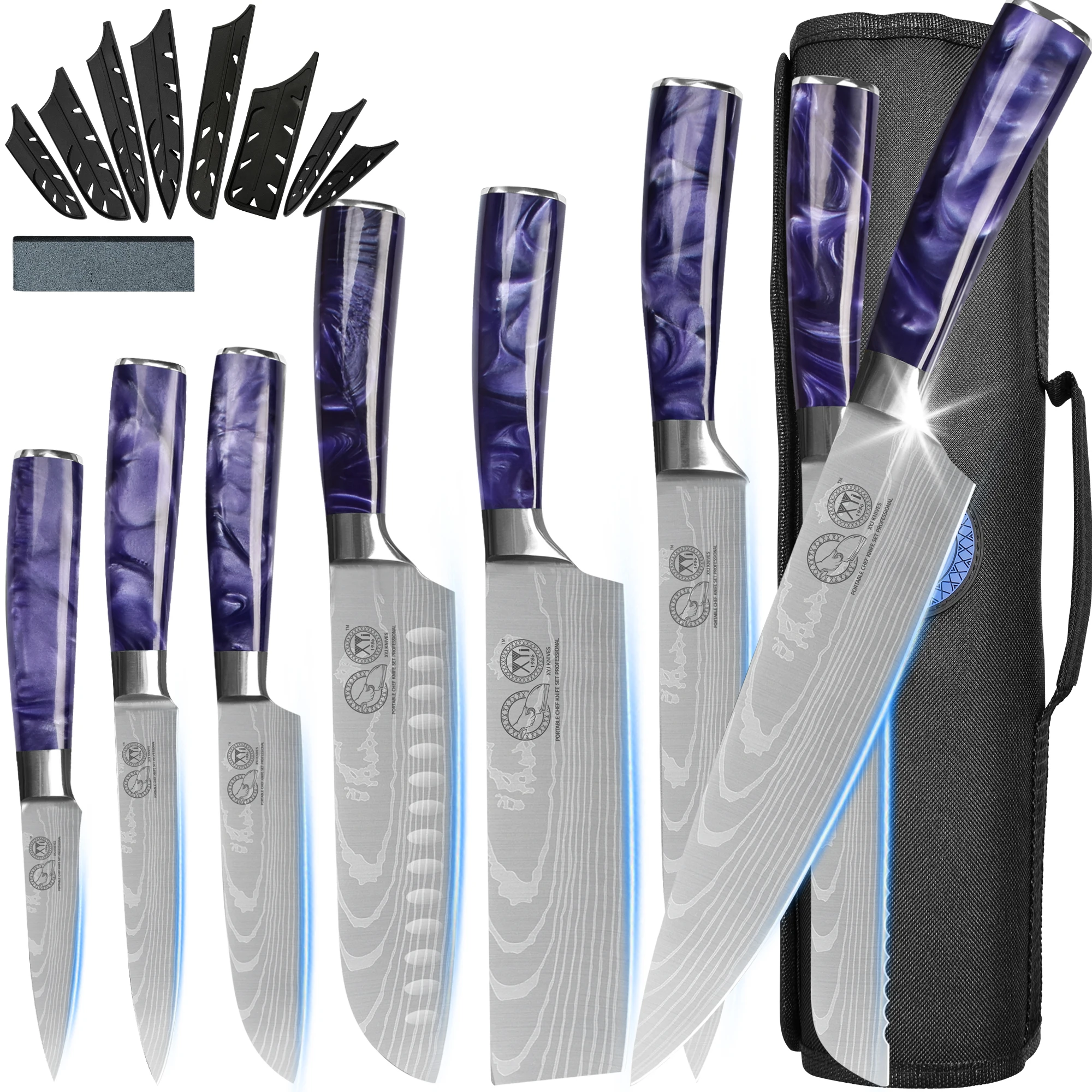 

XYj Ultra Sharp 8pcs Stainless Steel Kitchen Knife Set Roll Bag Outdoor Cooking Ergonomic Resin Handle Vegetable Chef Knives