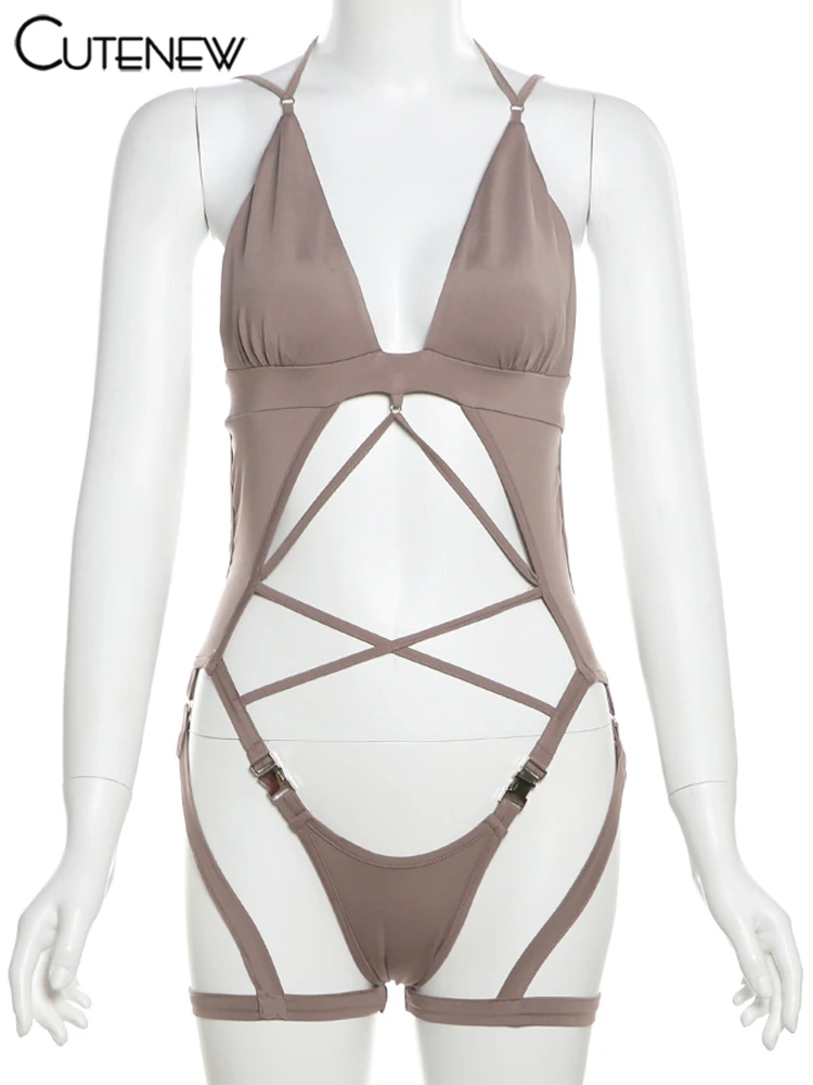 Sexy Swim Bodysuits Women Beach Style Unique Cut Out Bandage V-neck Slim Backless Playsuit Female Holiday Attractive Top