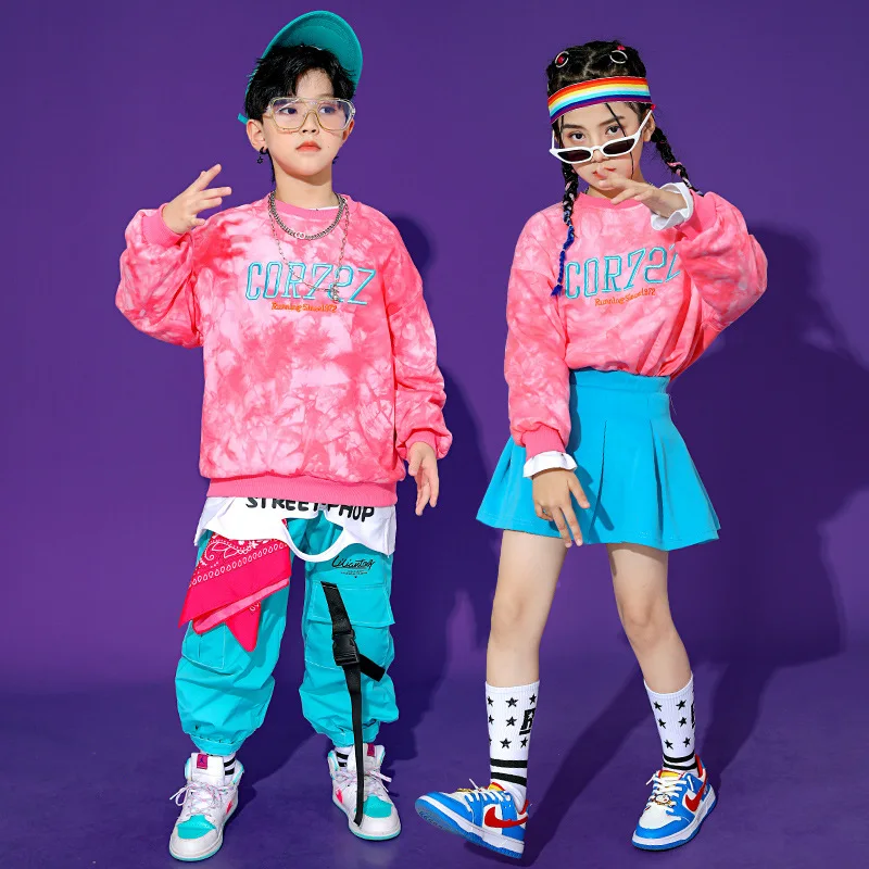 

Kid Hip Hop Clothing Pink Tie Dye Sweatshirt Casual Cargo Jogger Pants Skirt Mini for Girl Boy Dance Costume Clothes Outfits Set