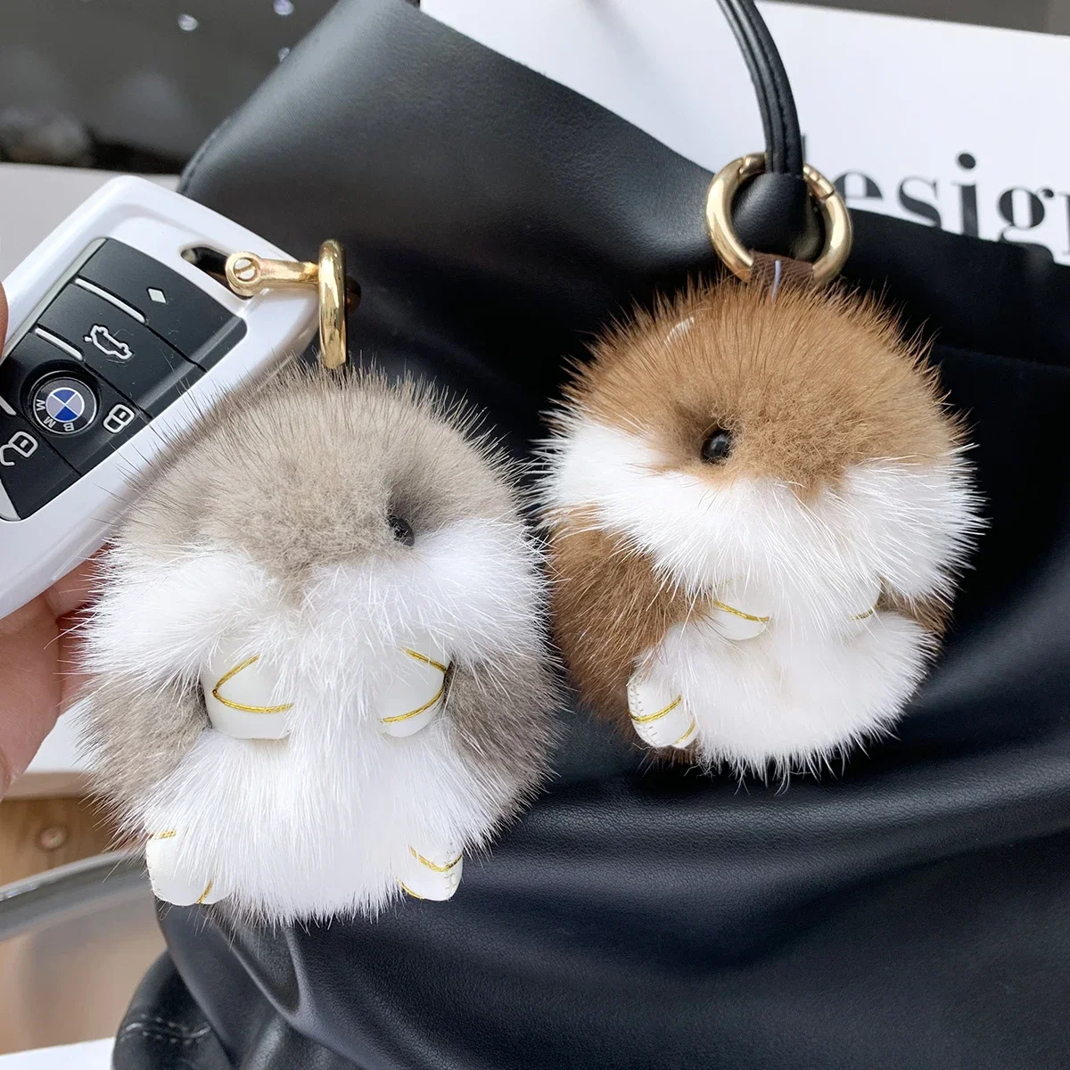 8cm Cute Mini Hamster Pendant Keychain Children Luxury Real Mink Fur Doll Toy Bag Car key Charms Ornament Keyring Trinket Gifts