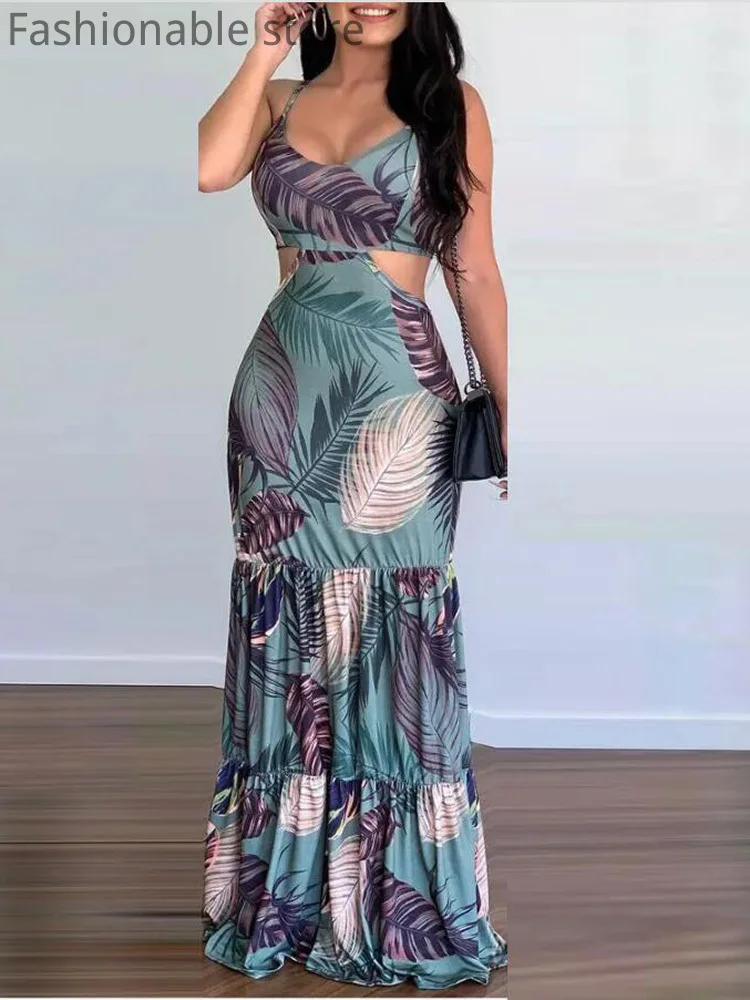 

Women Summer Casual Print Cutout Ruffle Cami Maxi Dress