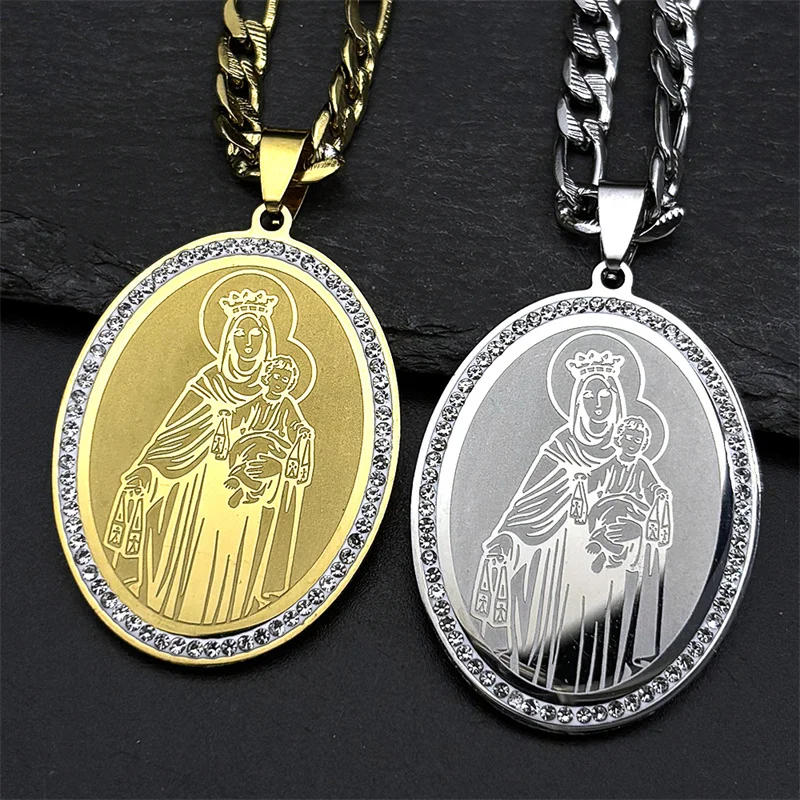 Katholische Jungfrau Maria Halten Baby Strass Anhänger Halskette für Frauen Männer Edelstahl Gold Farbe Hip Hop Männliche Kette Schmuck – Detail 6