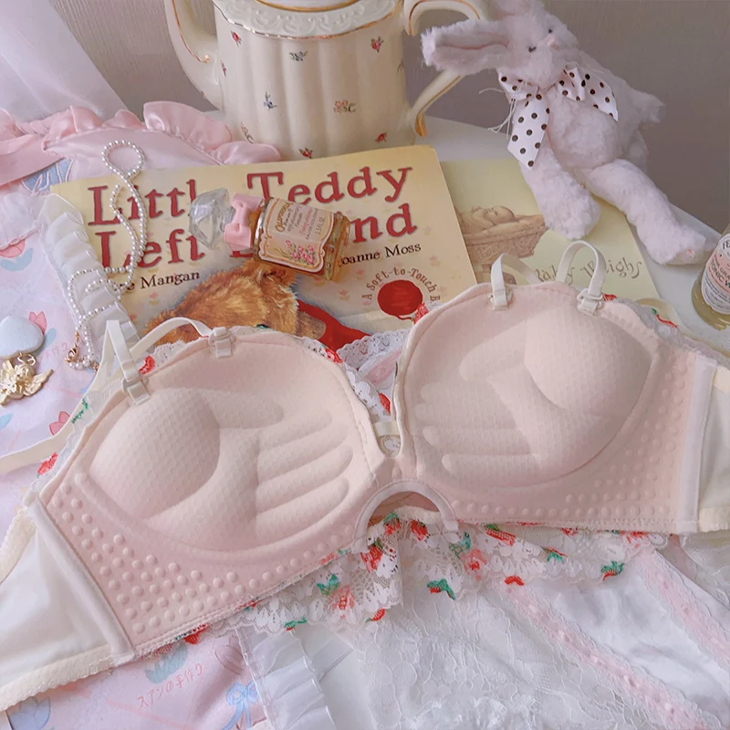 Lolita Strawberry Bra Set Japanese Kawaii Underwear Sweet Intimate Milk  Silk Bra & Panties Wire Free Pink Lingerie Women Clothes