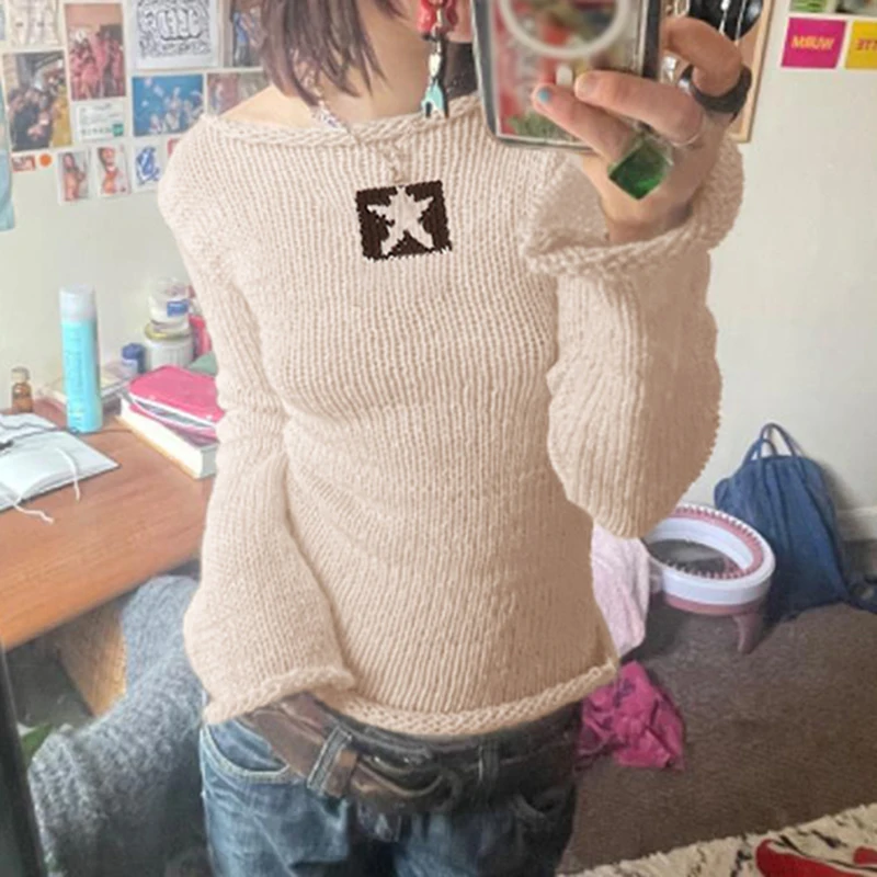 

Beige Knit Women Pullovers Star Y2K Print Boat Neck Slim Fit T-shirt Casual Street Long Sleeve Tee Autumn Winter Harajuku Crop