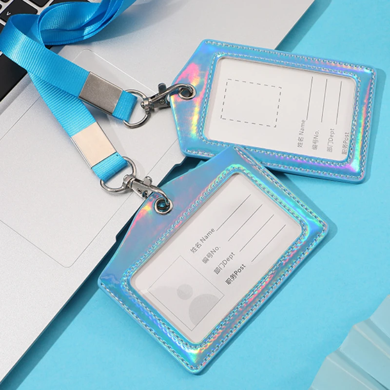 

Women's Card with Lanyard ID Bus Credit Card Holder Office Work Badge Card Cover Waterproof Laser PU Leather Card Holder