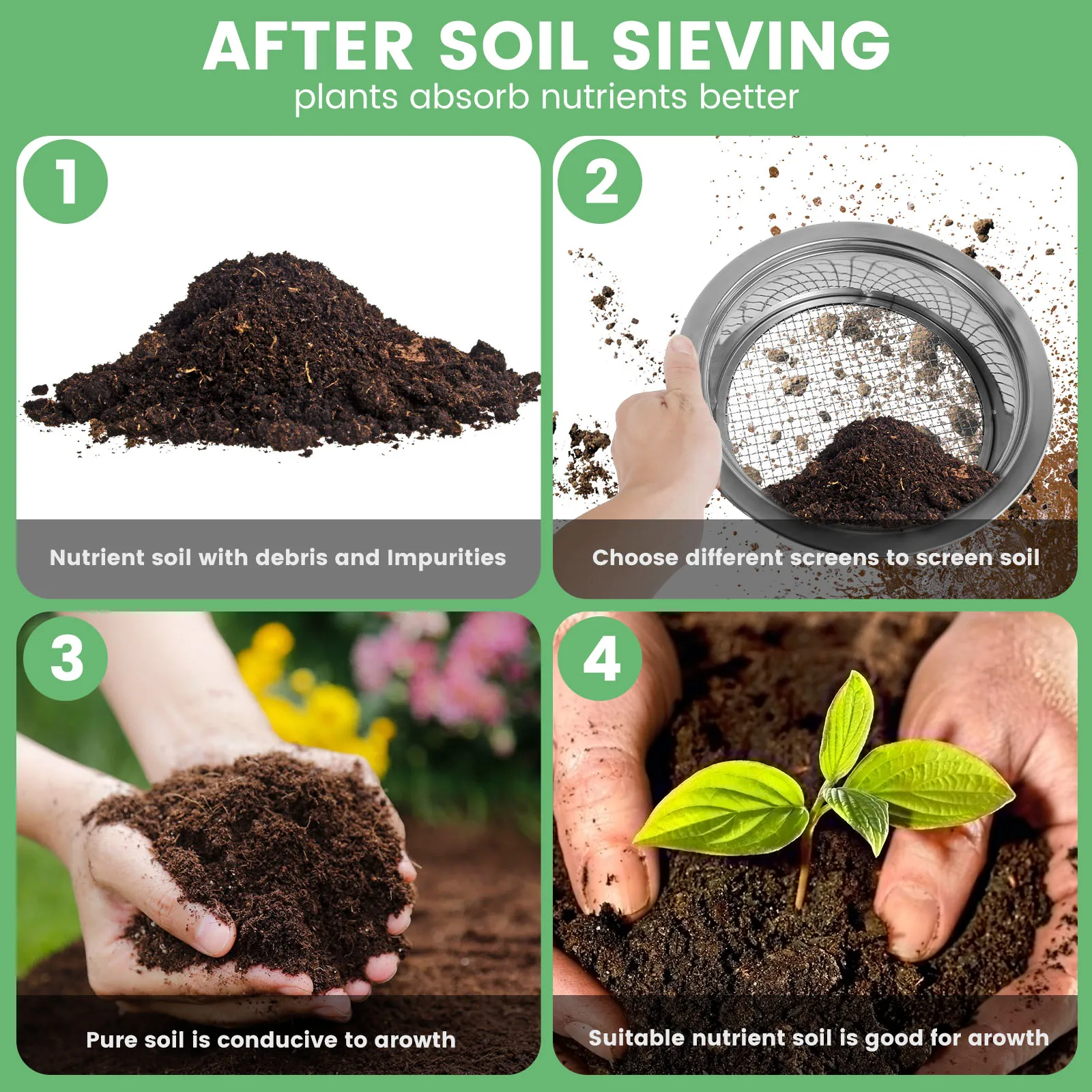 Garden Soil Sieve Set Stainless Steel Bonsai Rock Sifter with 5 Interchangeable Filter Mesh Sizes 1/3/6/9/12mm Compost Sifter