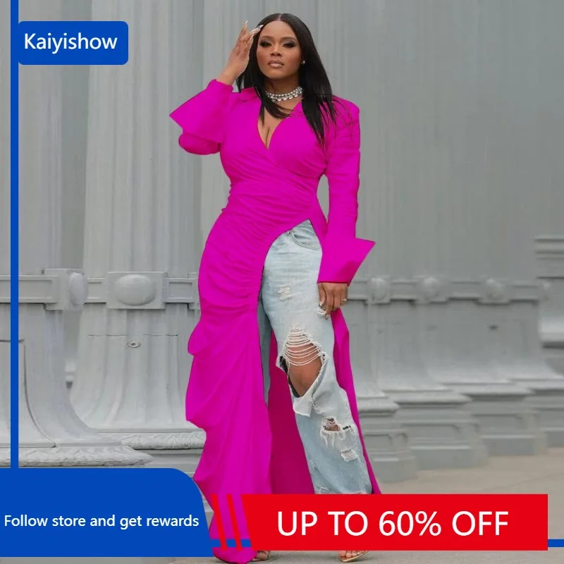 

Fashion Sexy Women T-shirts Long Sleeve Ruched High Slit Long Top