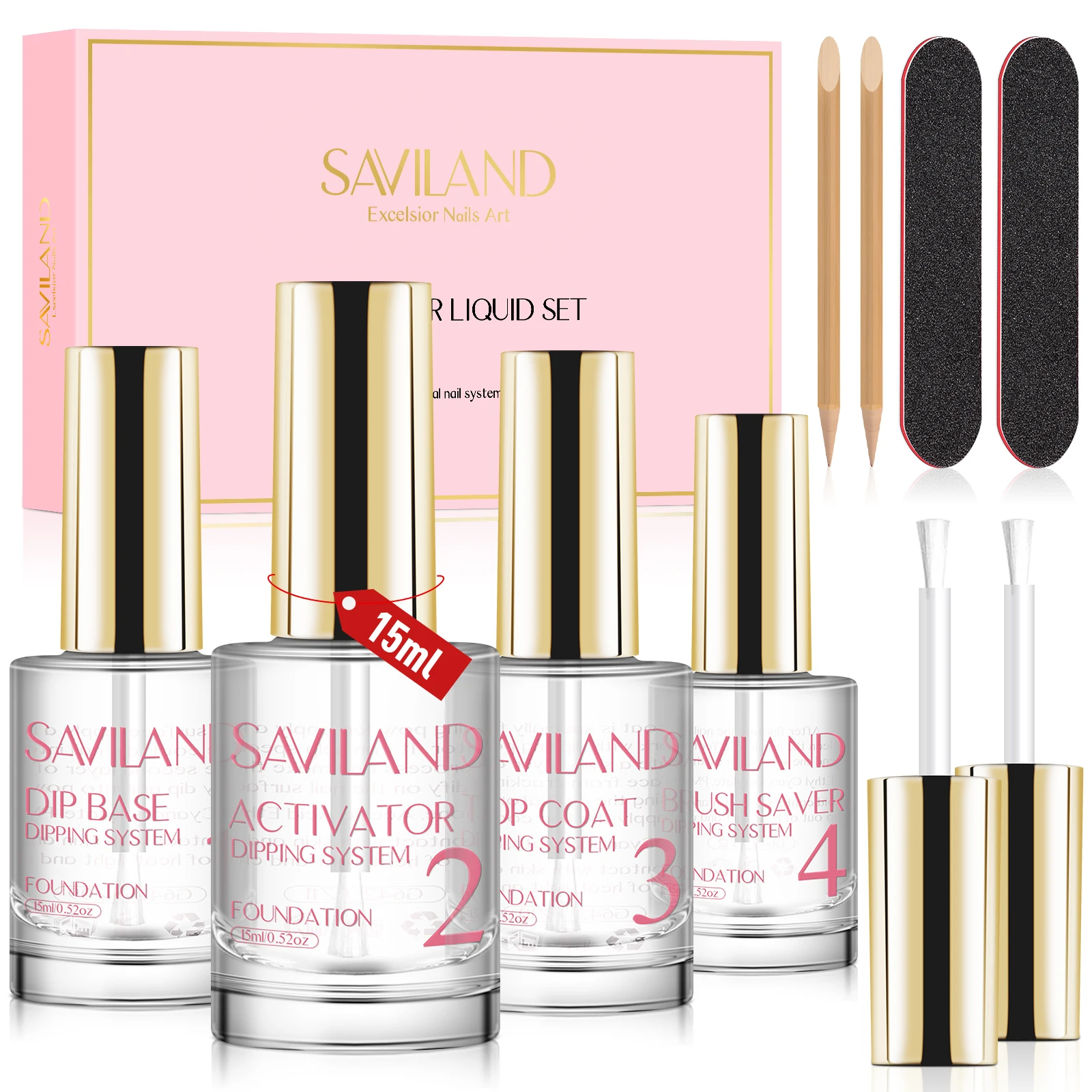 thumbnail image 1 of SAVILAND - Juego esencial de sistema líquido de polvos de inmersión de 15 ml con activador de capa superior y base, protector de pincel para manicura de salón, 1 of 4