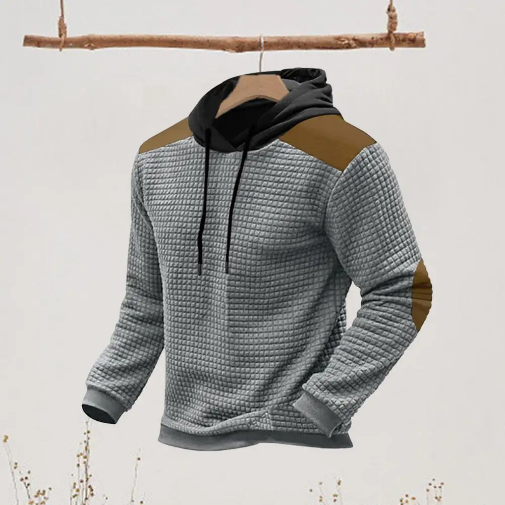 

Sporty Loose Fit Hoodie Men's Waffle Texture Hoodie with Drawstring Hood Patch Design Long Sleeve Pullover with Elastic for Men