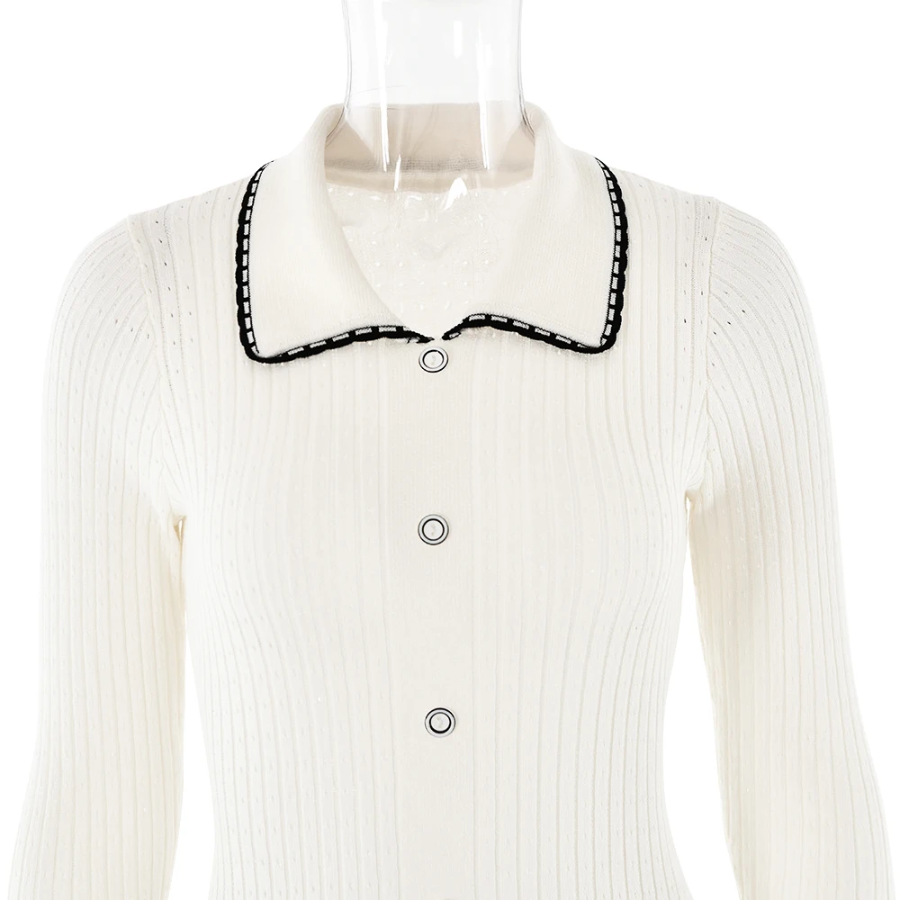 JULISSA MO Knitted Turn-down Collar Women Dress White Long Sleeve Single Breasted Dress Female Autumn Skinny Elegant Streetwear