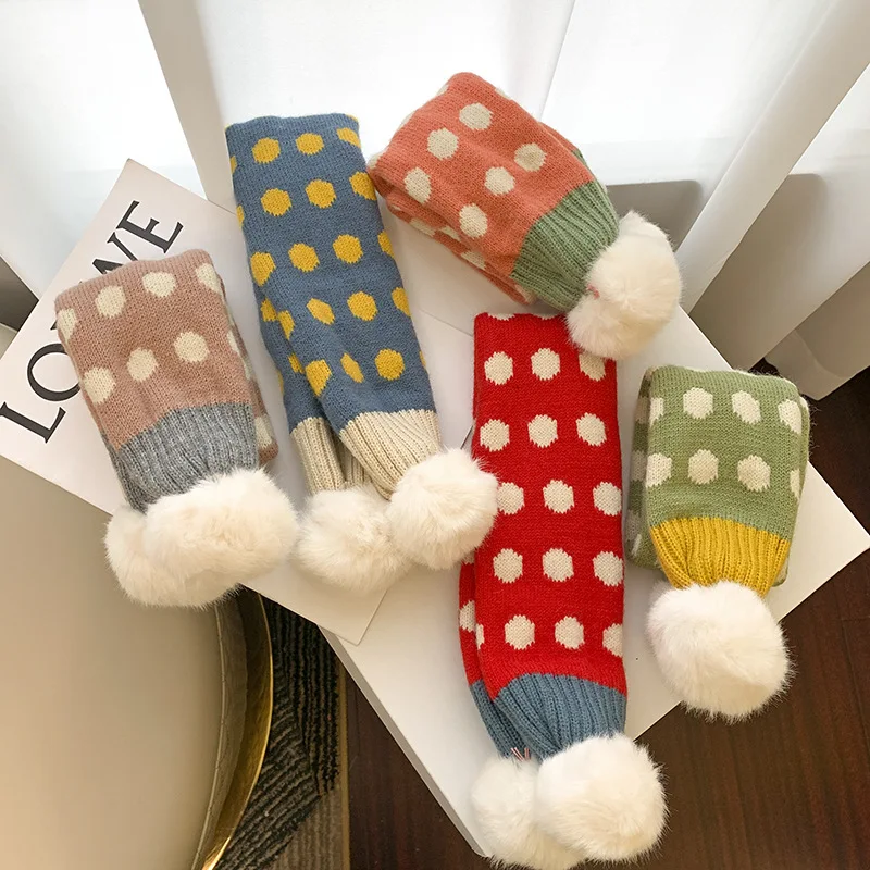 Korean Dot Print Kids Scarf Winter Warm Knitted Scarves for Toddler Boys Girls Cute Faux Fur Pompom Children Cross Neckerchief