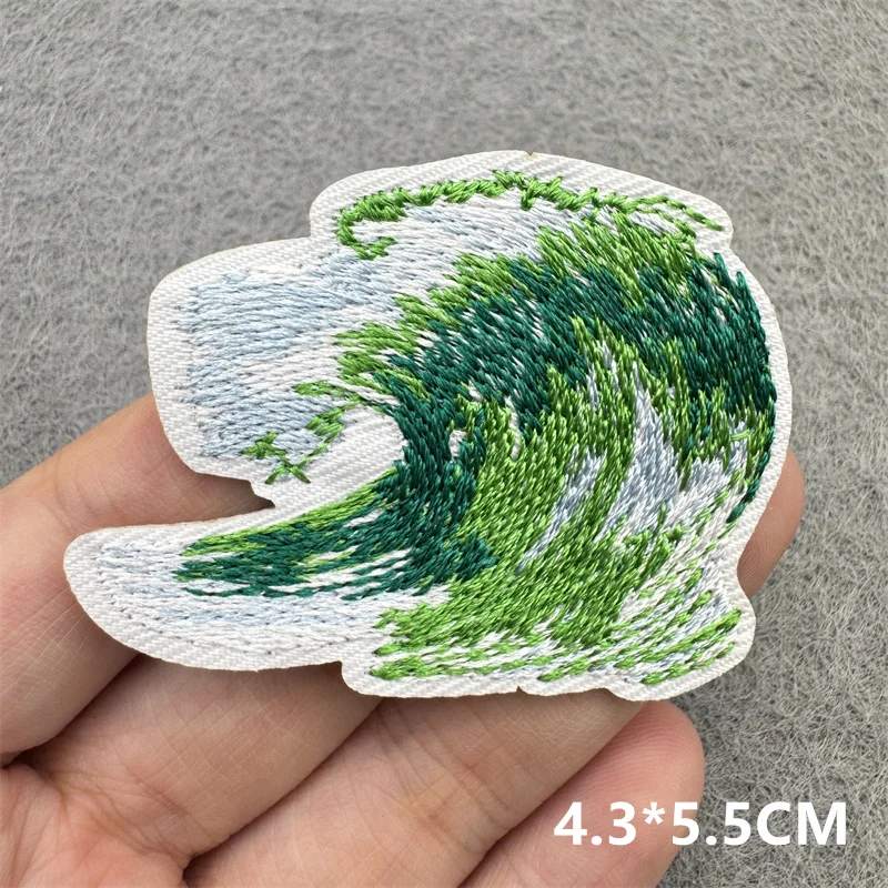 Surfbrett-Mädchen-Stickerei-Patch, grüne Welle, dekorative kleine Muschelaufkleber, DIY-Aufnäher zum Aufbügeln, Applikationen für Kleidung – Detail 9