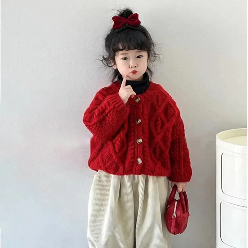 여아용 2025 니트 가디건, 남아용 라운드넥, 아동용 레드 베이비 단색, 서양식 니트 코트, 가을 겨울