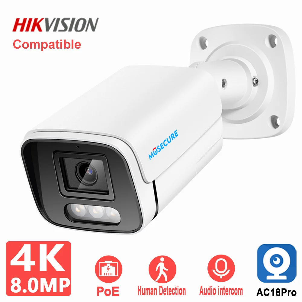 MOSECURE 4K 8MP 4MP POE IP Bullet Camera Audio intercom Color Night Vision Outdoor CCTV Home Security Hikvision Onvif Compatible