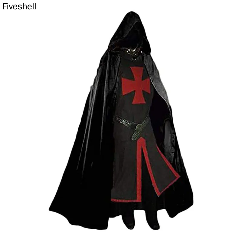 

Mens Medieval Crusader Knights Templar Tunic Costumes Renaissance Halloween Surcoat Warrior Black Plague Cloak Cosplay Top S-3XL