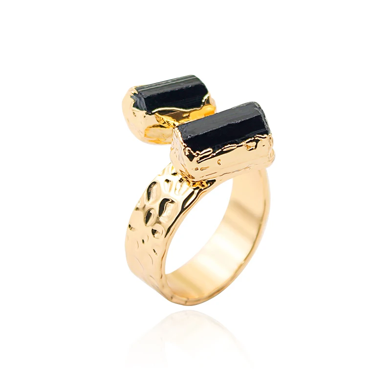 Irregular Black Tourmaline Open Ring for Women Girls Gold-color
