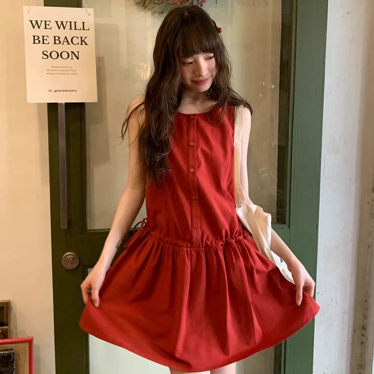 Summer New Women's Cotton Lin Dr Dstring Waist Loose round Ne Doll Vest Skirt Korean Sle Commute Sle ort Skirt - Image 3