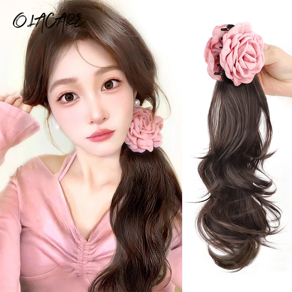 

OLA Rose Claw Clip In Wavy Ponytail Extensions Synthetic Fiber Hair Piece 18 Inch Long Wavy Ponytail Extensions For Women Girls