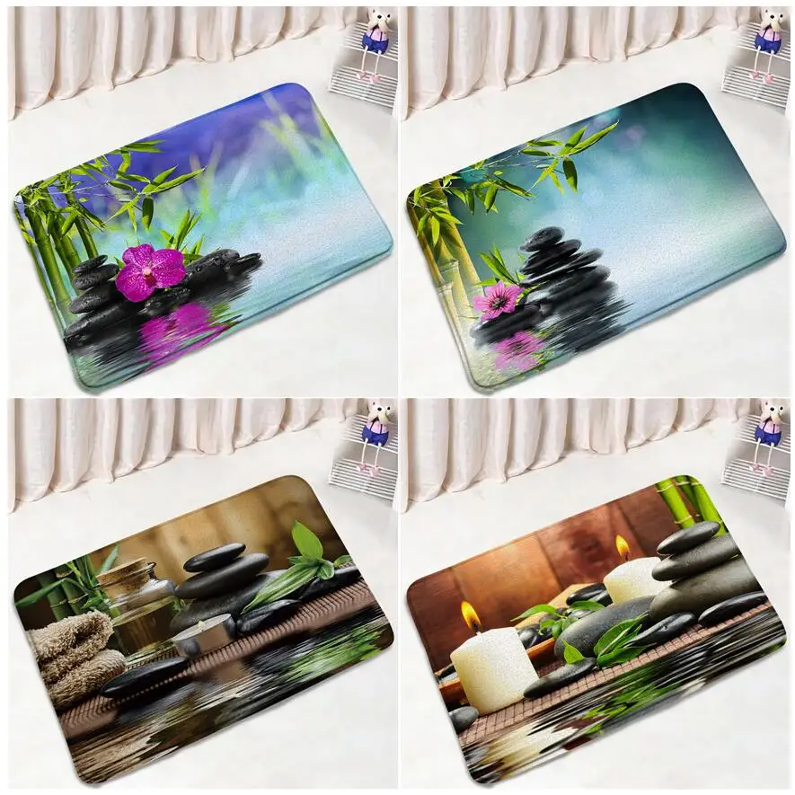 Zen Green Bamboo Bath Mat Set Viola Orchid Black Massage Stone Spa Garden Scenery Bagno Decor Tappeto Tappeto Antiscivolo Zerbino S